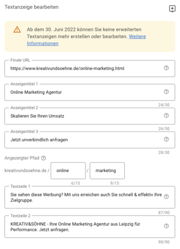 Google Ads Textanzeigen Erstellung Screenshot